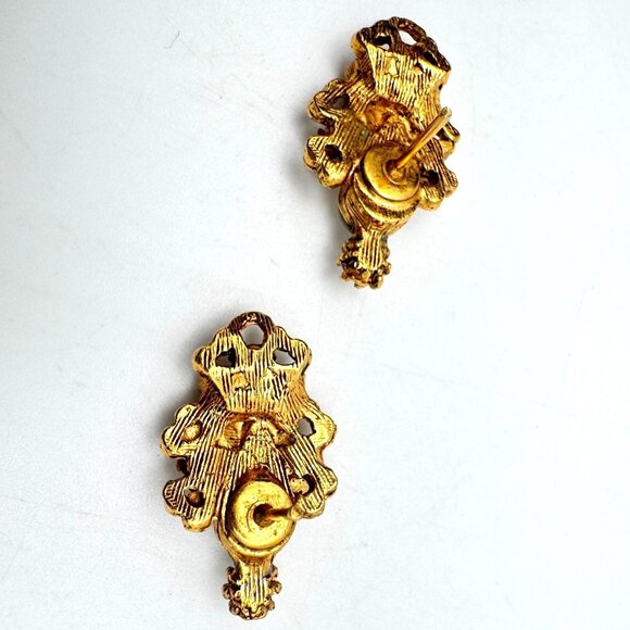 Edwardian Style Gold Tone Post Earrings Clear CrystalsTeardrop Accent Vintage 1" - Picture 6 of 8